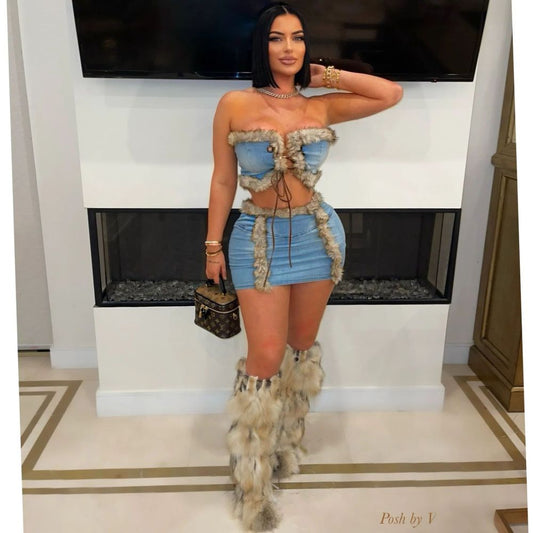 Faux Fur Denim Set
